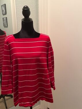Talbots Red and White Striped Square-Neck Long Sleeve Top